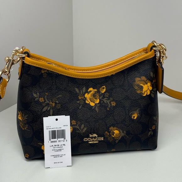 Coach Laurel Small Shoulder Bag Signature Canvas With Floral CCF17 Walnut/Yellow - Picture 11 of 11